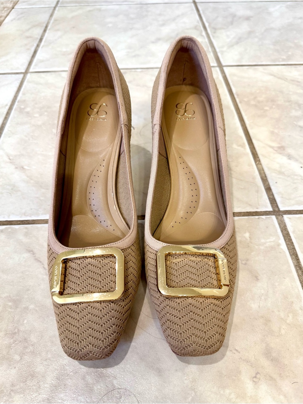 Cosy Island Beige Heels with Gold Buckle - Comfort Elegance